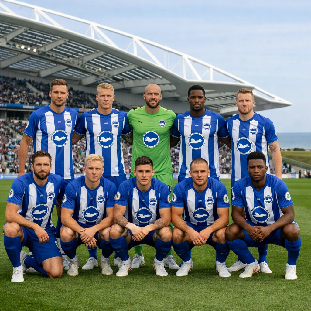 A football side wearing blue-and-white striped shirts stands on the pitch inside a modern ground with a wide sweep of white curved roofing and banks of blue seats. The players’ badges show a white bird in flight inside a blue circle, and the stadium has an open, airy feel.